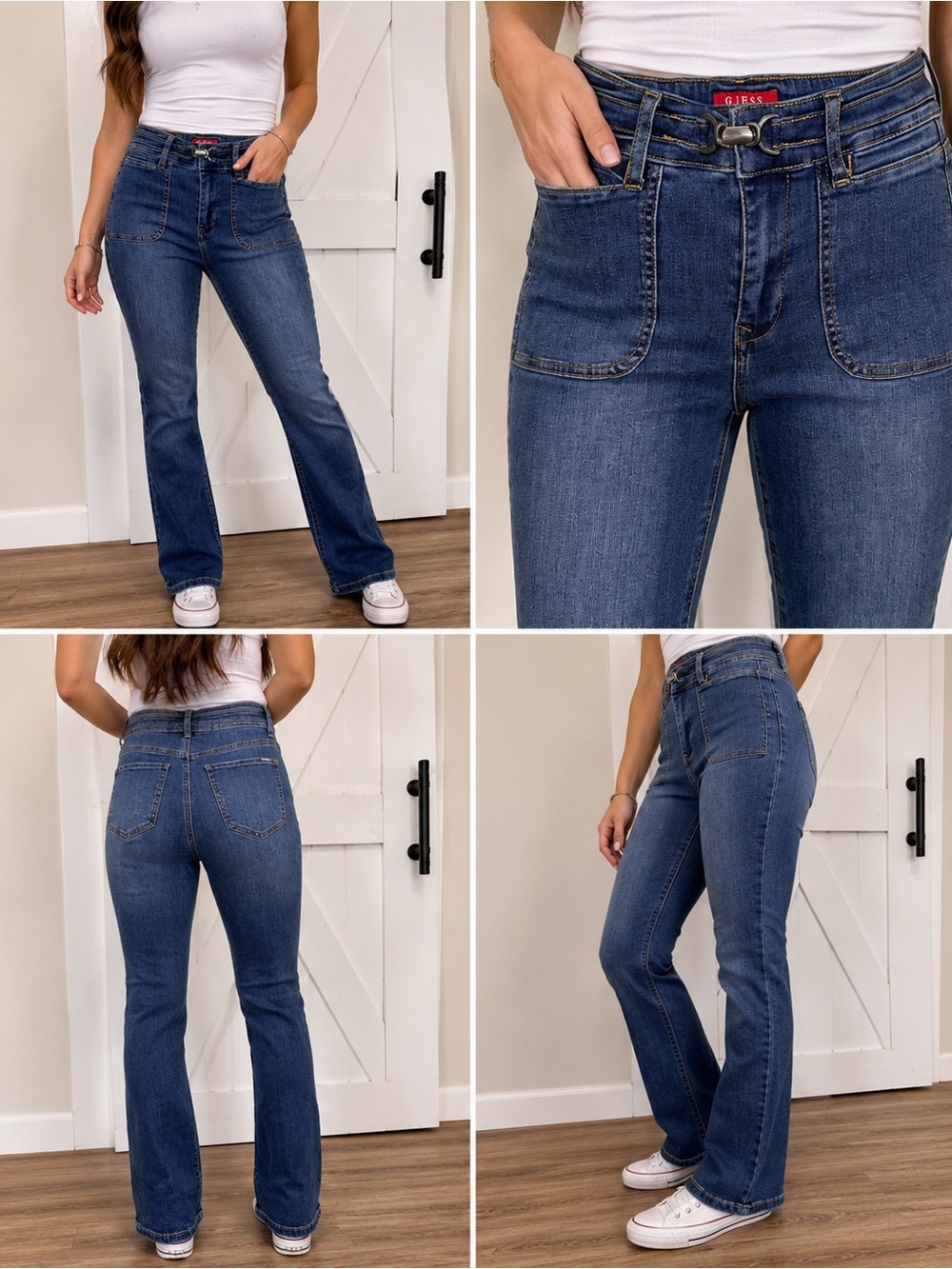 GUESS Women’s High Rise Bootcut Jeans 25x32 Belt Detail Medium Wash